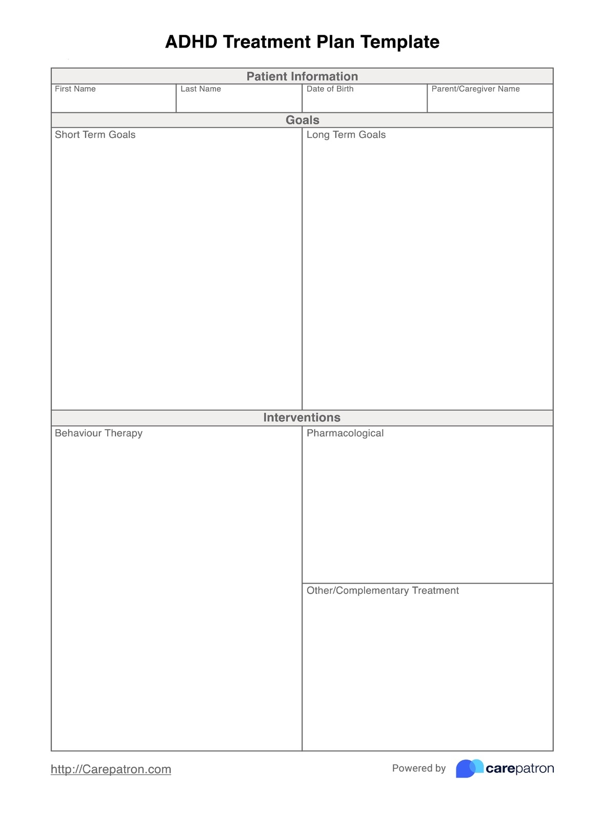 ADHD Treatment Plan Template Example Free PDF Download
