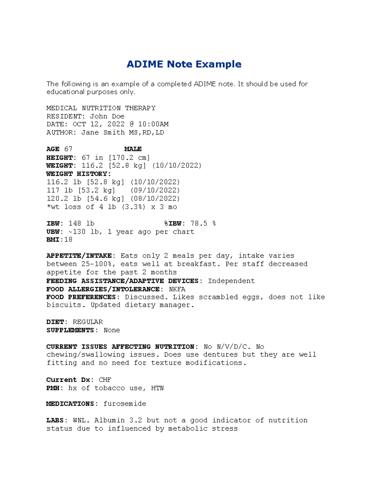 ADIME Note Example Medical Nutrition Therapy FEL Studocu