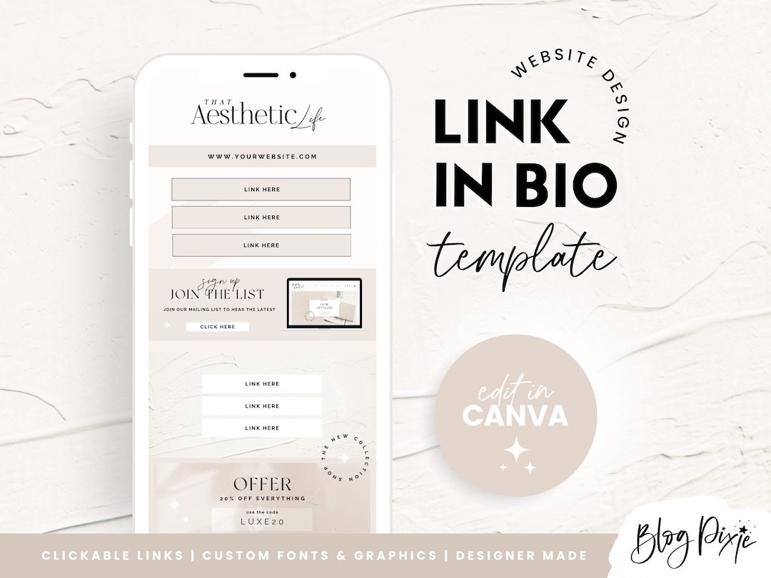 Aesthetic Link In Bio Template Canva Links Website Instagram Landing Page Canva Website Template Bio Links AL01 Blog Pixie Etsy