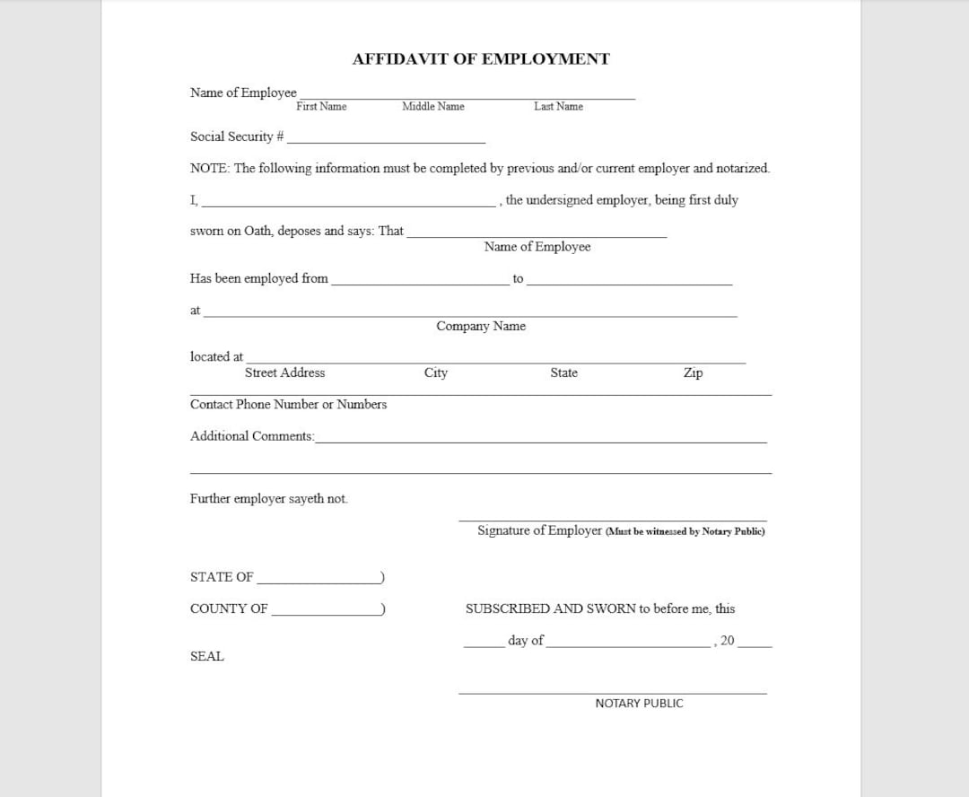 Affidavit Of Employment Affidavit Of Employment Notary Form Affidavit Of Employment Template Notary Template Word Template Etsy