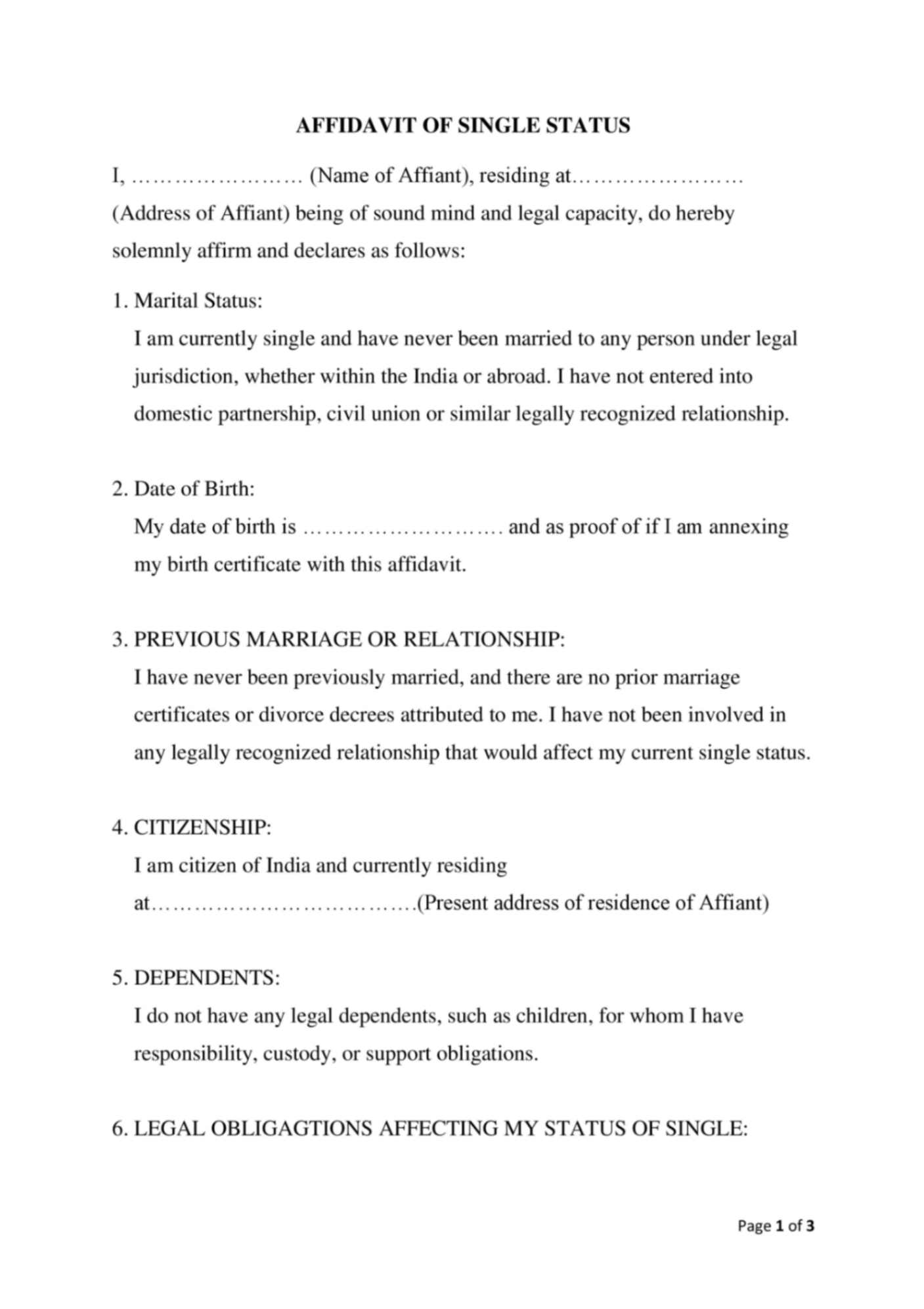 Affidavit Of Single Status PDF WORD