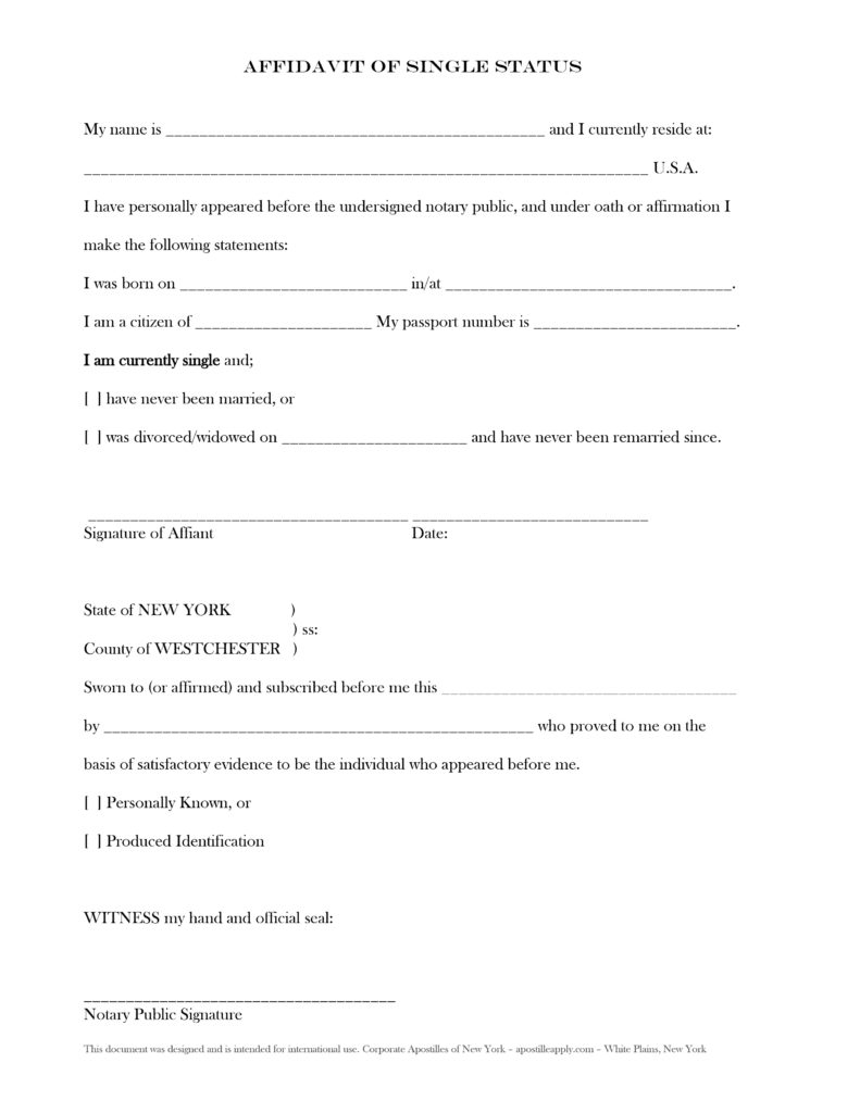 Affidavit Of Single Status White Plains Apostille Mobile Notary
