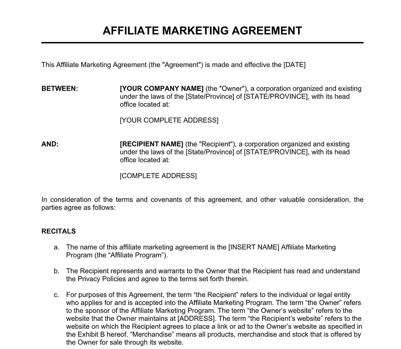 Affiliate Marketing Agreement