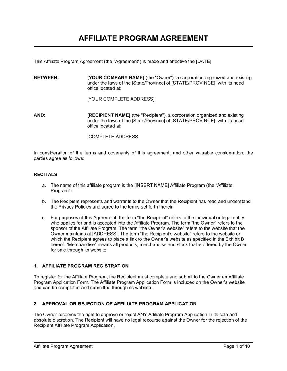 Affiliate Program Agreement Template