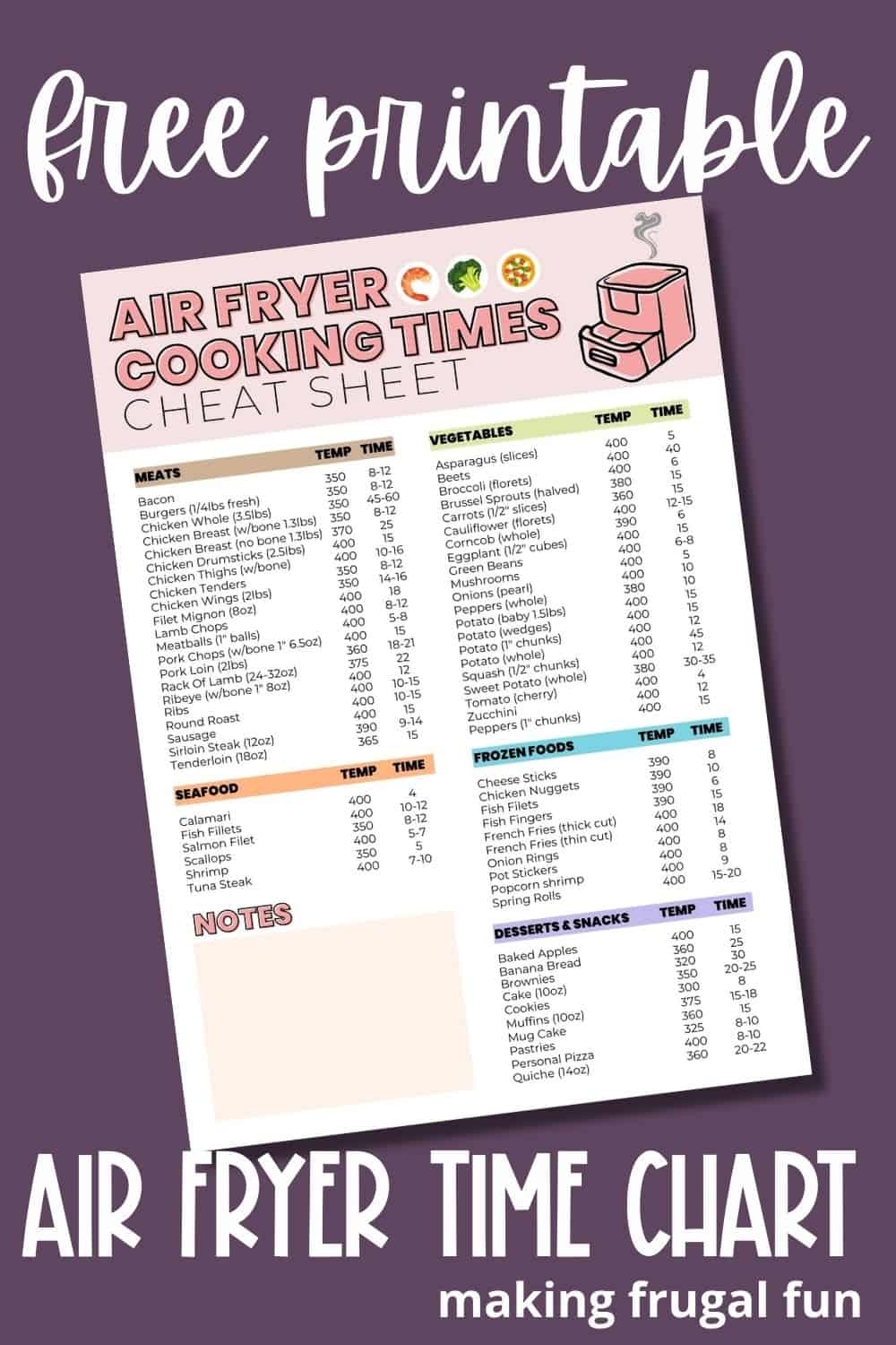 air fryer cooking times printable