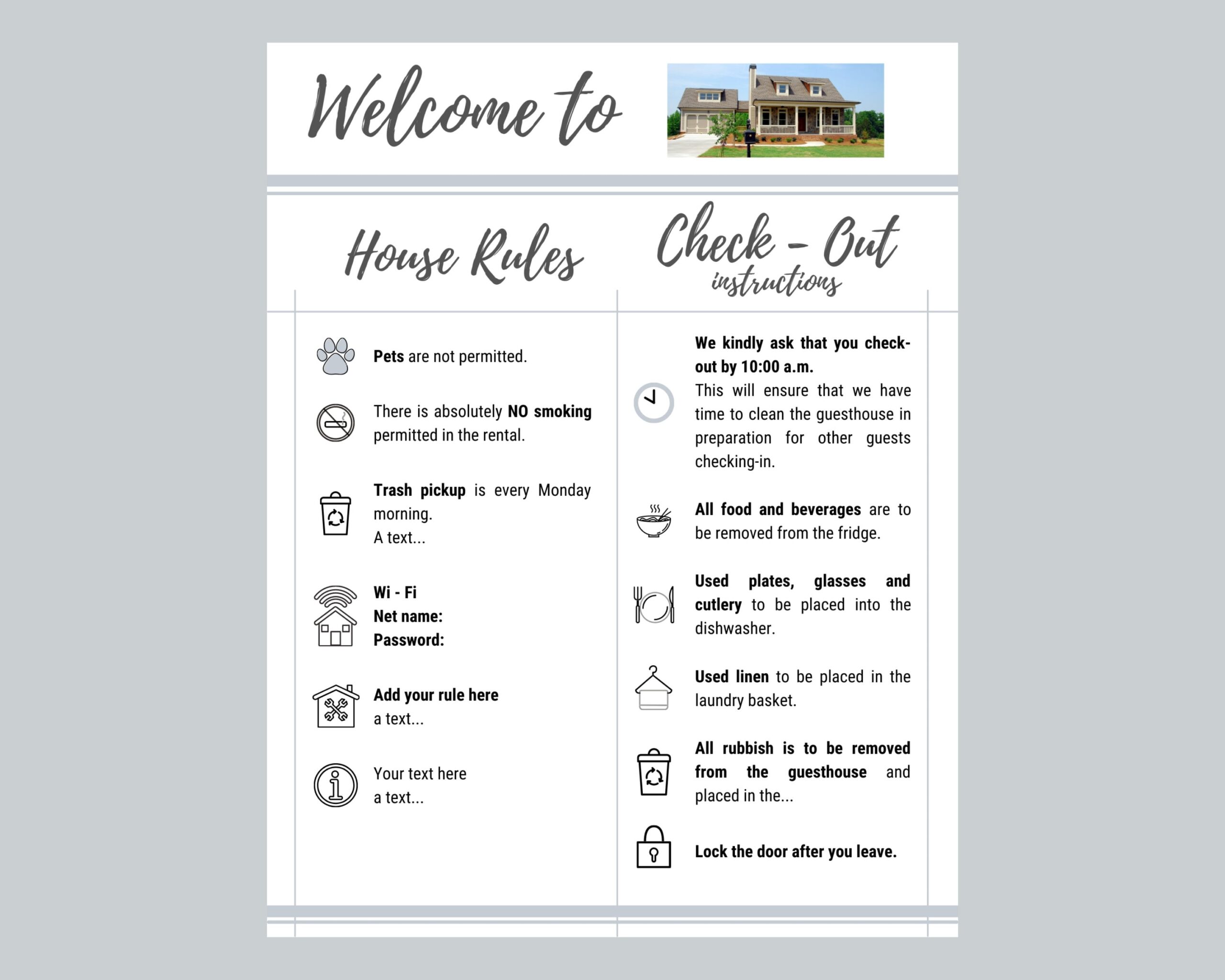 Airbnb 1 Page Welcome Sign Check out Instructions House Rules Airbnb Canva Template Etsy
