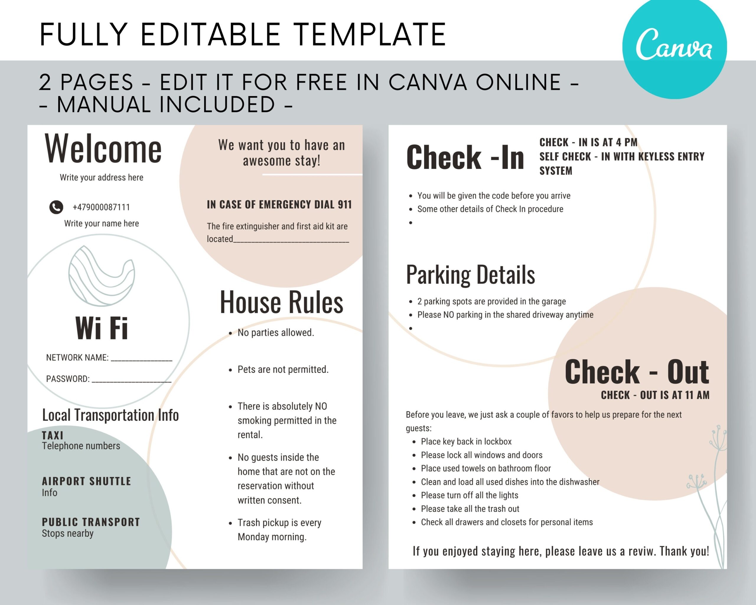 Airbnb 2 Pages Quick Welcome Guide Fillable And Editable Airbnb Template House Rules Wifi Check Out Etsy