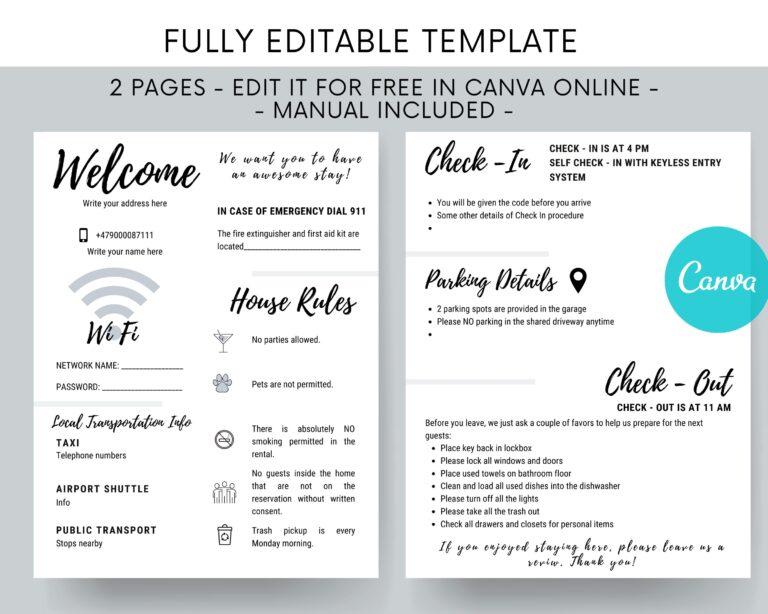 Airbnb 2 Pages Quick Welcome Guide Fillable And Editable Airbnb Template House Rules Wifi Check Out Etsy