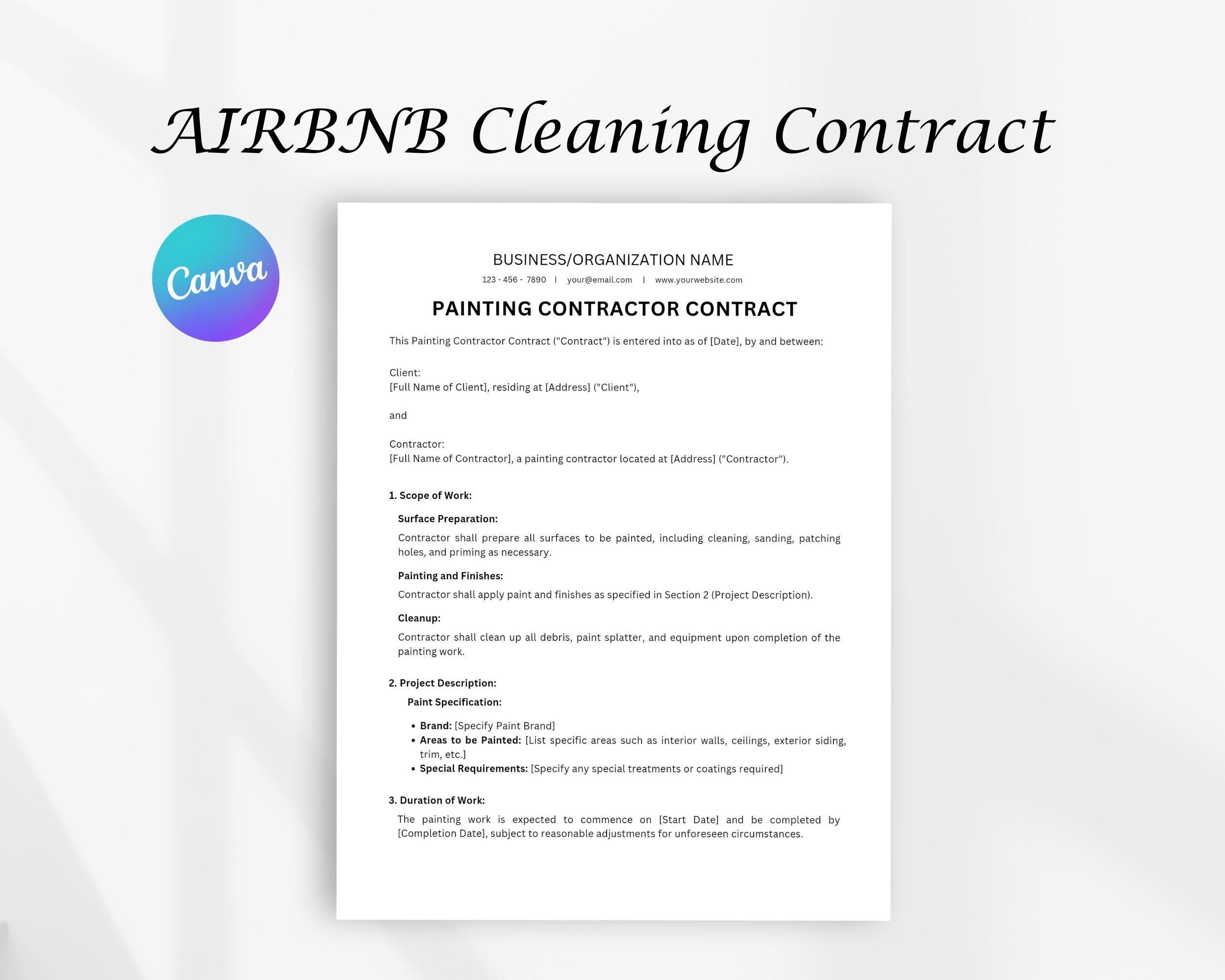 AIRBNB Cleaning Contract Form Cleaning Contract Printable Form Contract Form Editable Form Template Editable Canva Templates Etsy