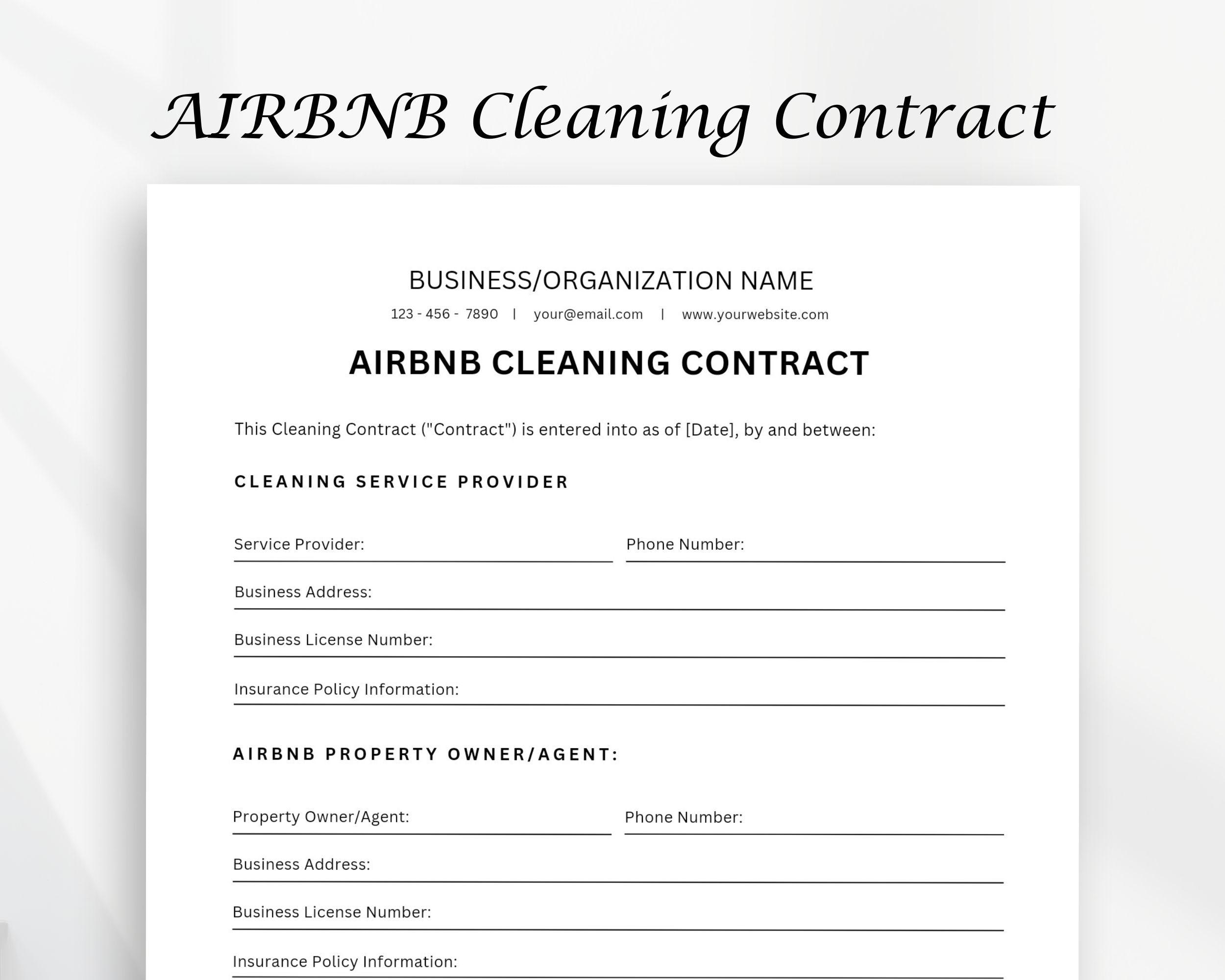 AIRBNB Cleaning Contract Form Cleaning Contract Printable Form Contract Form Editable Form Template Editable Canva Templates Etsy