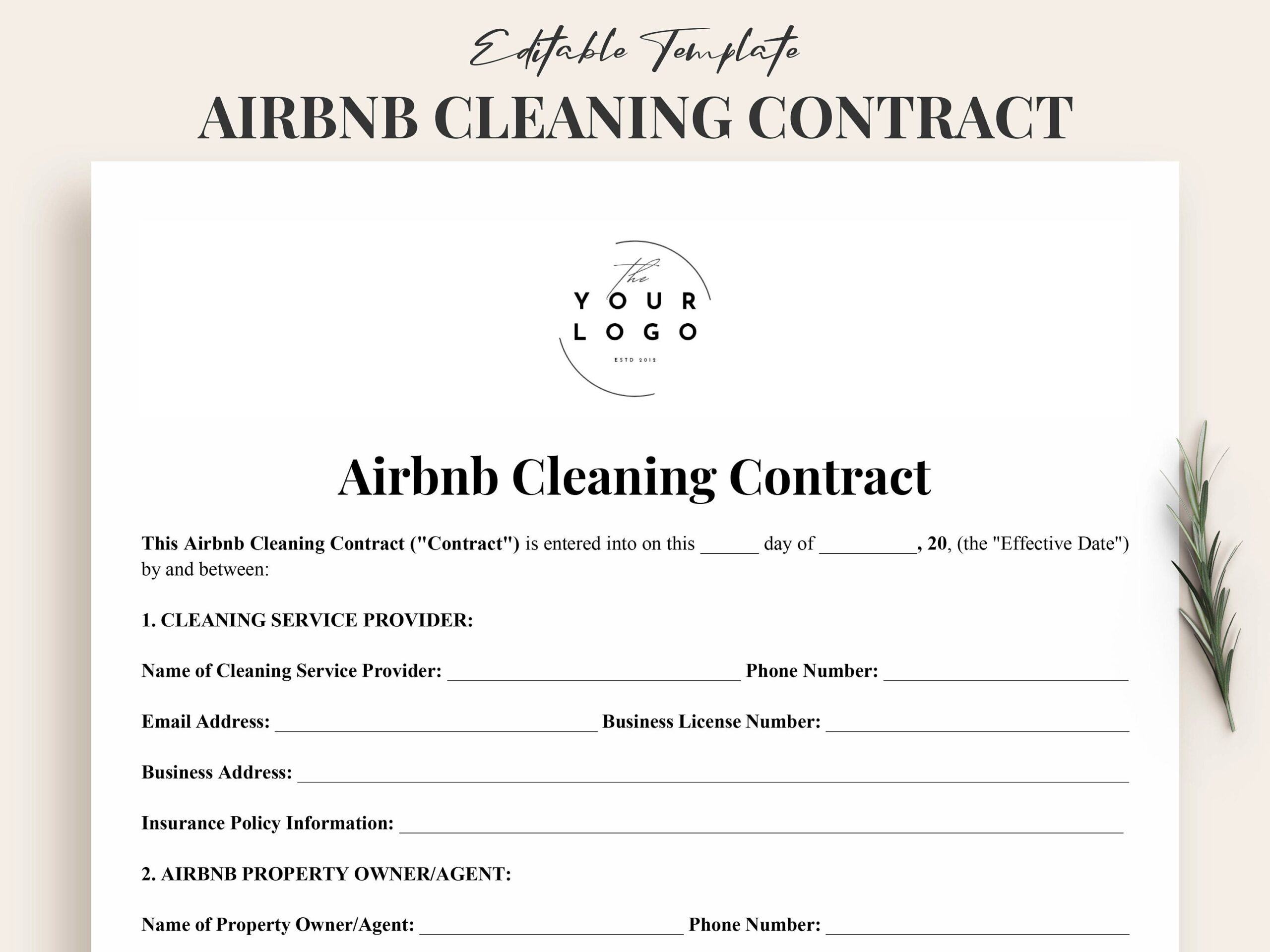 Airbnb Cleaning Contract Template PDF Word Professional Airbnb Cleaning Service Agreement Form Property Owners Instant Download Etsy