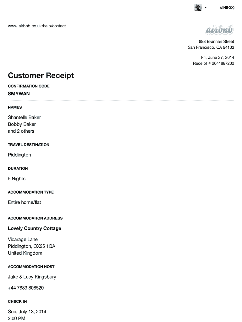 Airbnb Receipt Fill Online Printable Fillable Blank PdfFiller