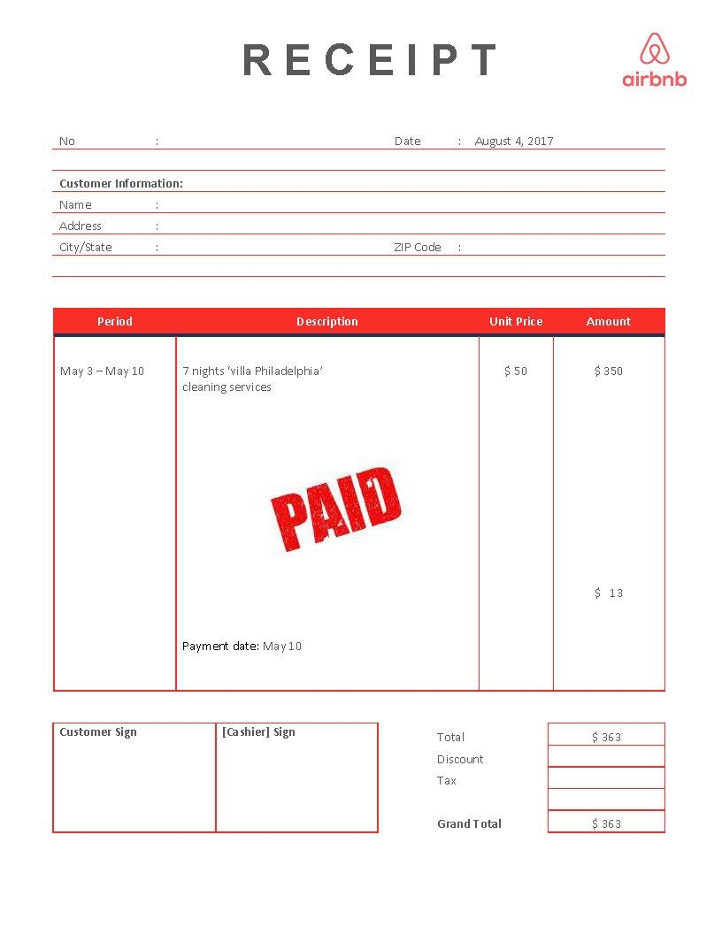 AIRBNB Receipt Template Mod le Professionnel