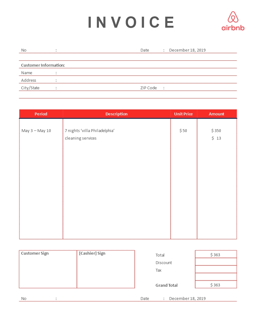 AIRBNB Rental Invoice Template Templates At Allbusinesstemplates