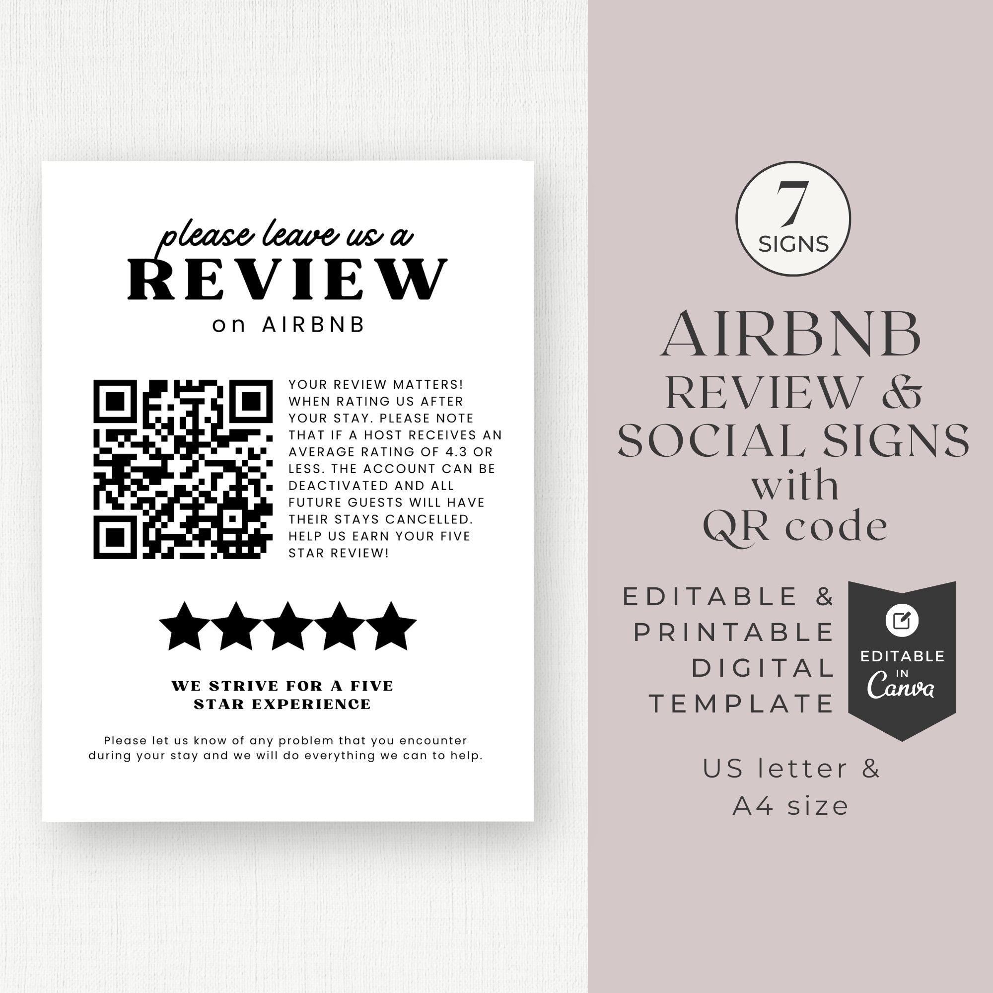 Airbnb Review QR Code Template Customizable Sign Tag Us In Socials Poster Canva Template Short Term Rental Digital Download Printable CL12 Etsy