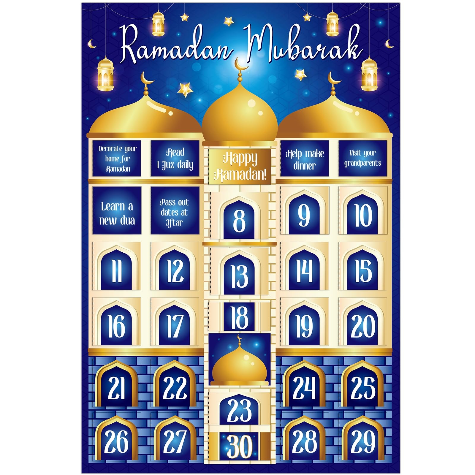 Amazon D4DREAM Ramadan Calendar 2025 Eid Mubarak Window Page Calendar For Kids 30 Days Ramadan Countdown Calendar Poster Gifts Blue Ramadan Advent Calendar Decorations For Home Wall Ramadan Activity For Kids 