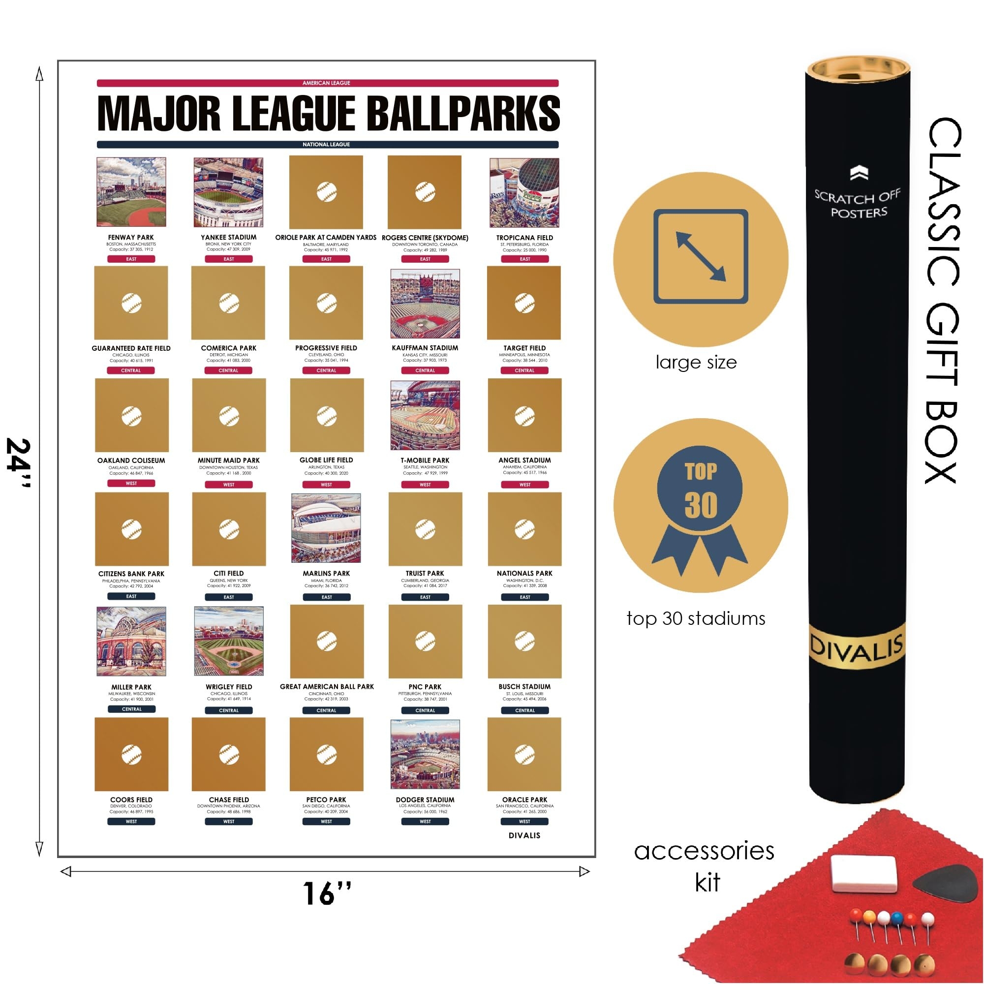 Amazon Divalis Major League Ballparks Scratch Off Poster Large Easy To Frame Baseball Parks Checklist American National Baseball Stadium Map Scratcher Included Sports Outdoors
