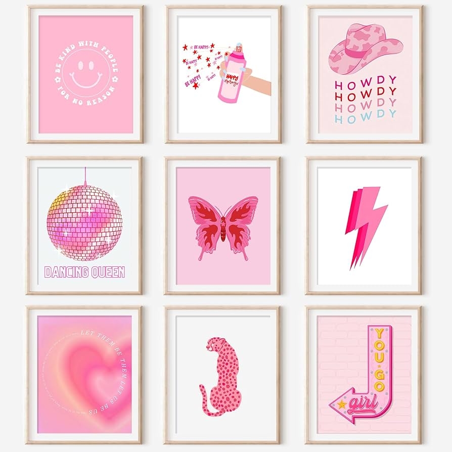 Amazon GENSTEUO 9Pcs Pink Room Decor Aesthetic Hot Pink Wall Art Preppy Posters Paintings Cute Pictures For Bedroom Dorm Wall Collage Cute Prints College Apartment Decor 8x10 UNFRAMED Posters Prints