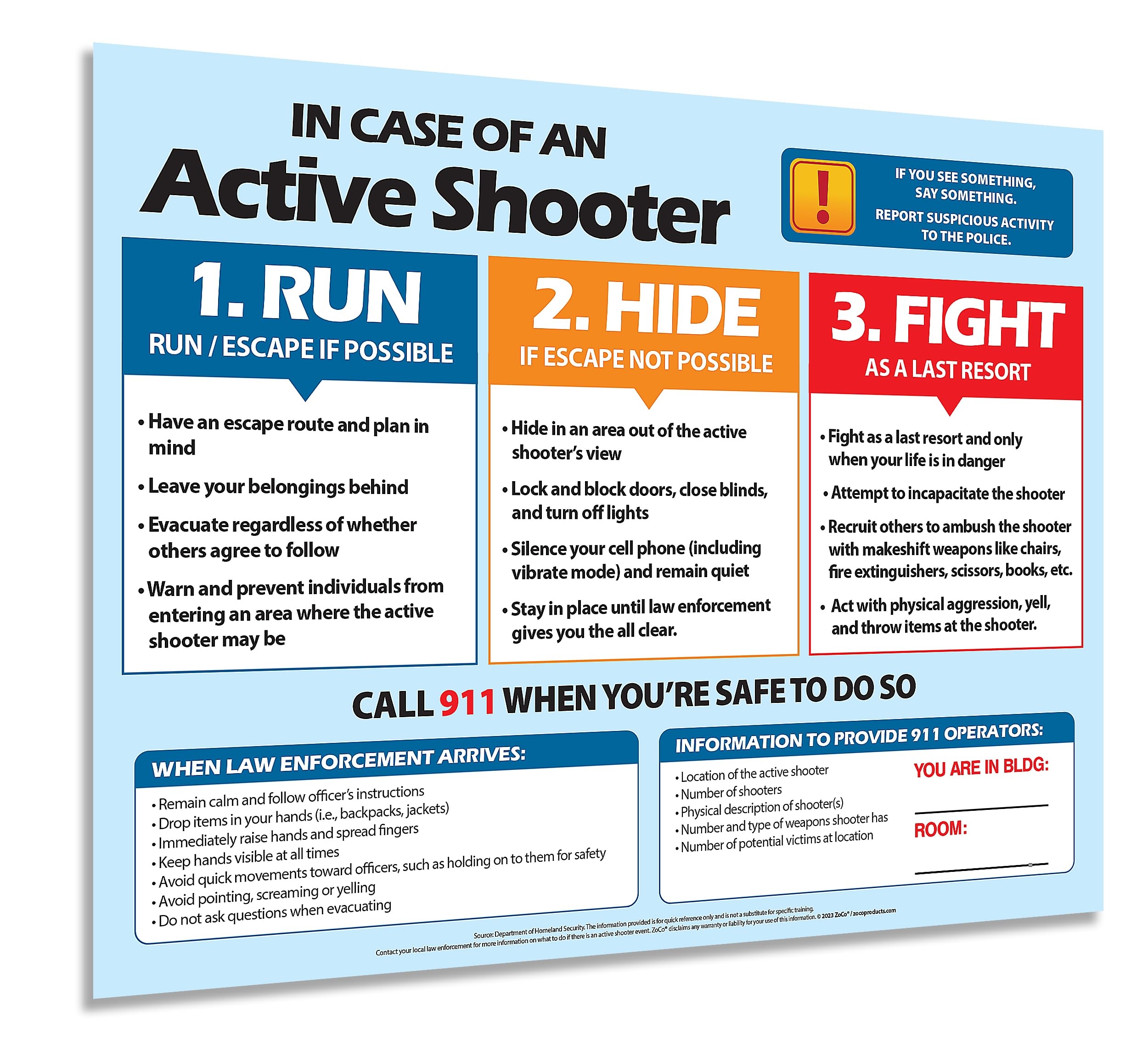 Amazon ZOCO Active Shooter Safety Poster Laminated 17x22 Emergency Preparedness Sign Run Hide Fight Strategy For School Workplace Or Public Building Office Products