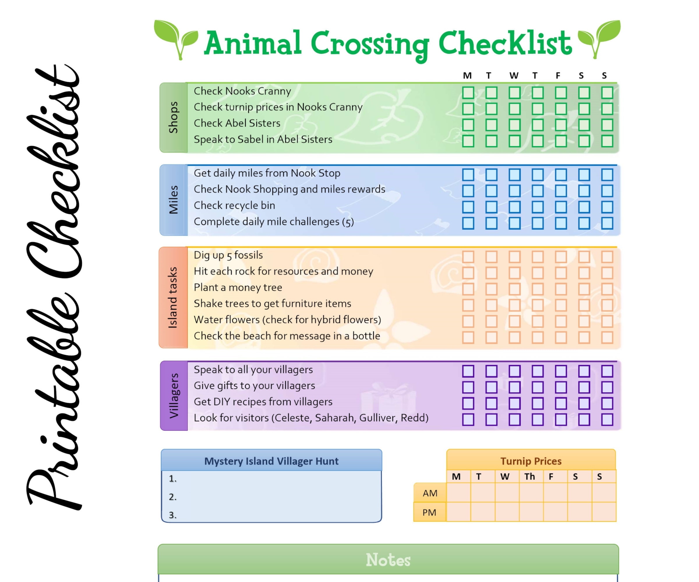 Animal Crossing New Horizons Checklist Daily Tasks Weekly To Do Printable Etsy
