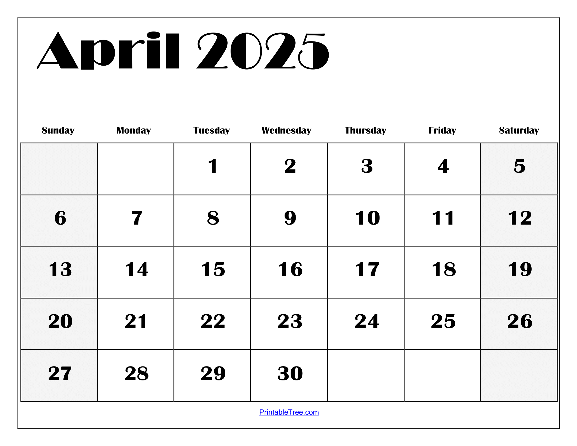 blank calendar template april 2025 printable