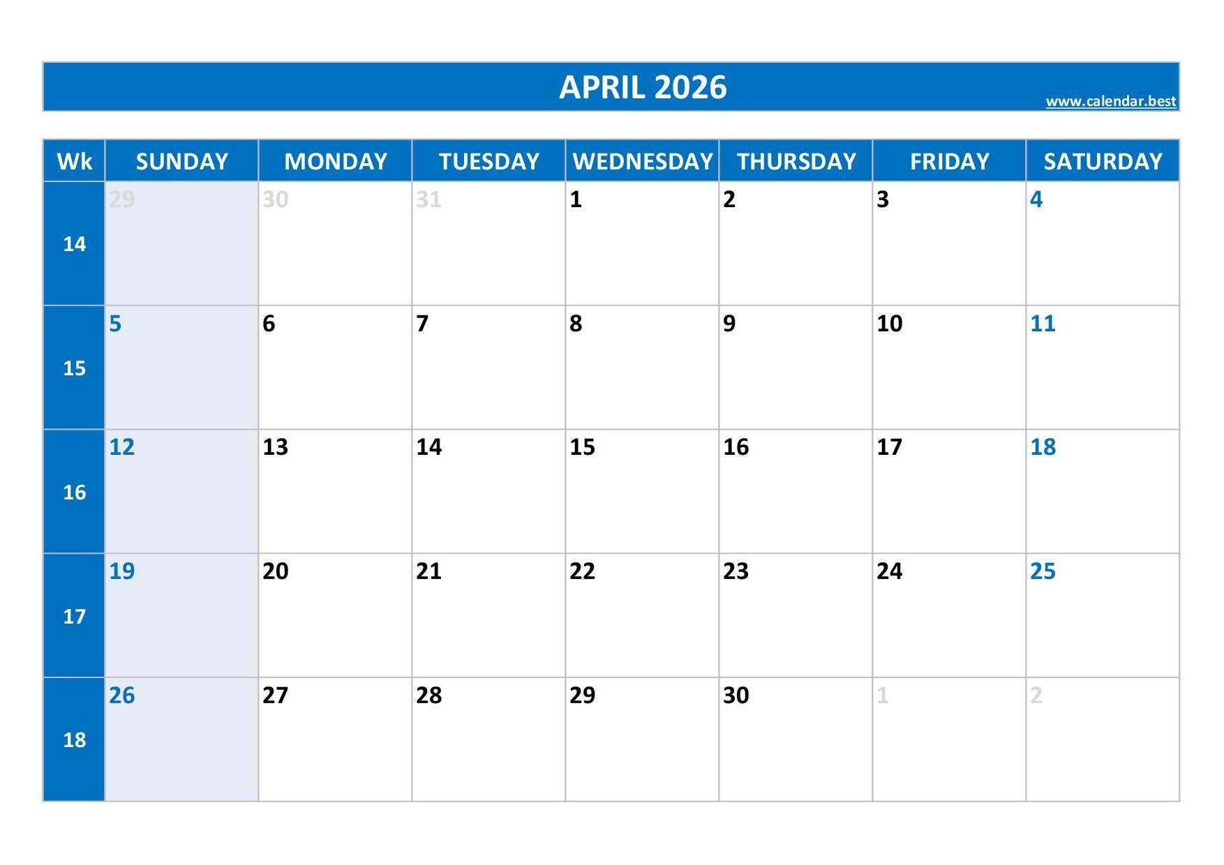 april 2026 calendar