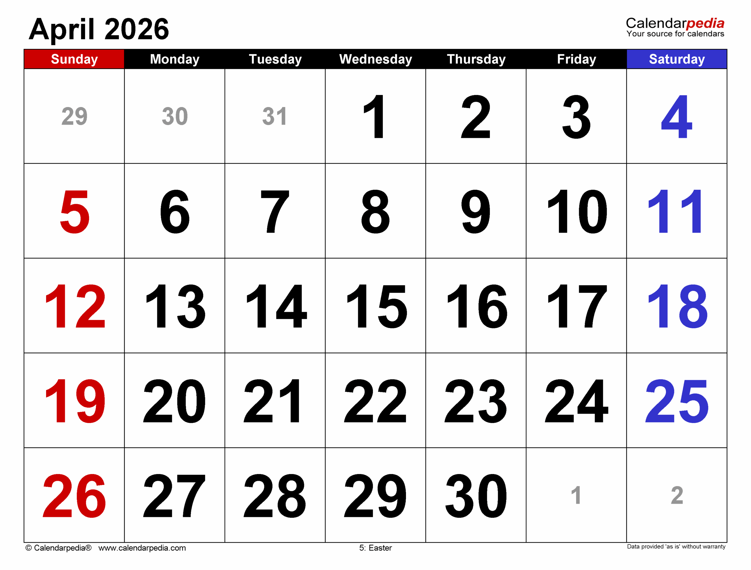 april blank calendar 2026