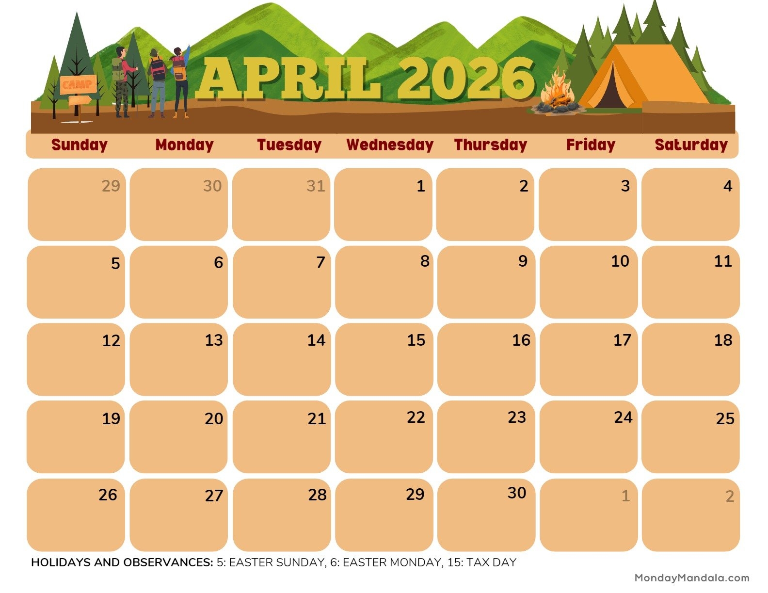 april 2026 blank calendar