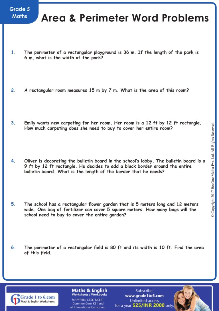 Area And Perimeter Worksheets Grade1to6