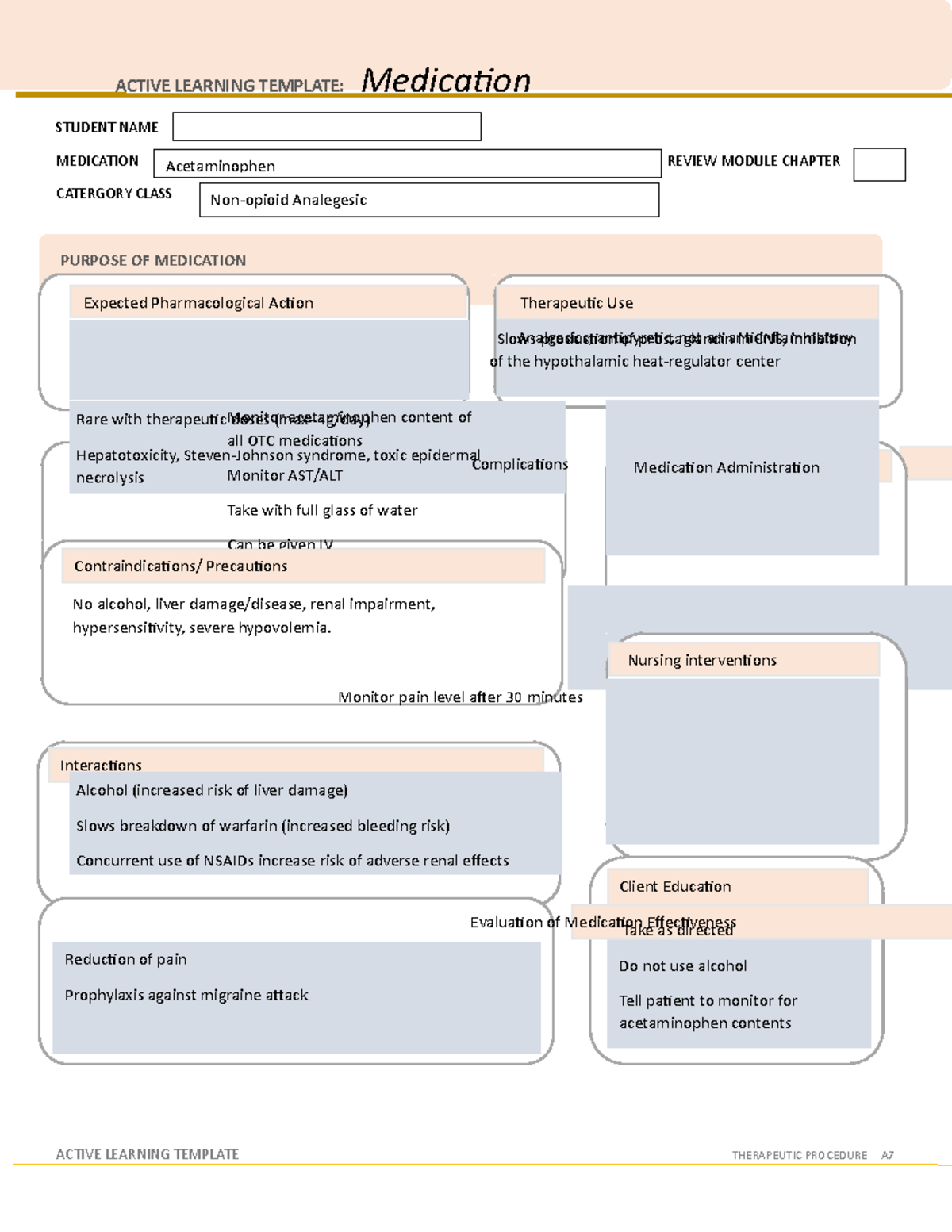 ATI Medication Template Acetaminophen ACTIVE LEARNING TEMPLATE Medication STUDENT NAME MEDICATION Studocu