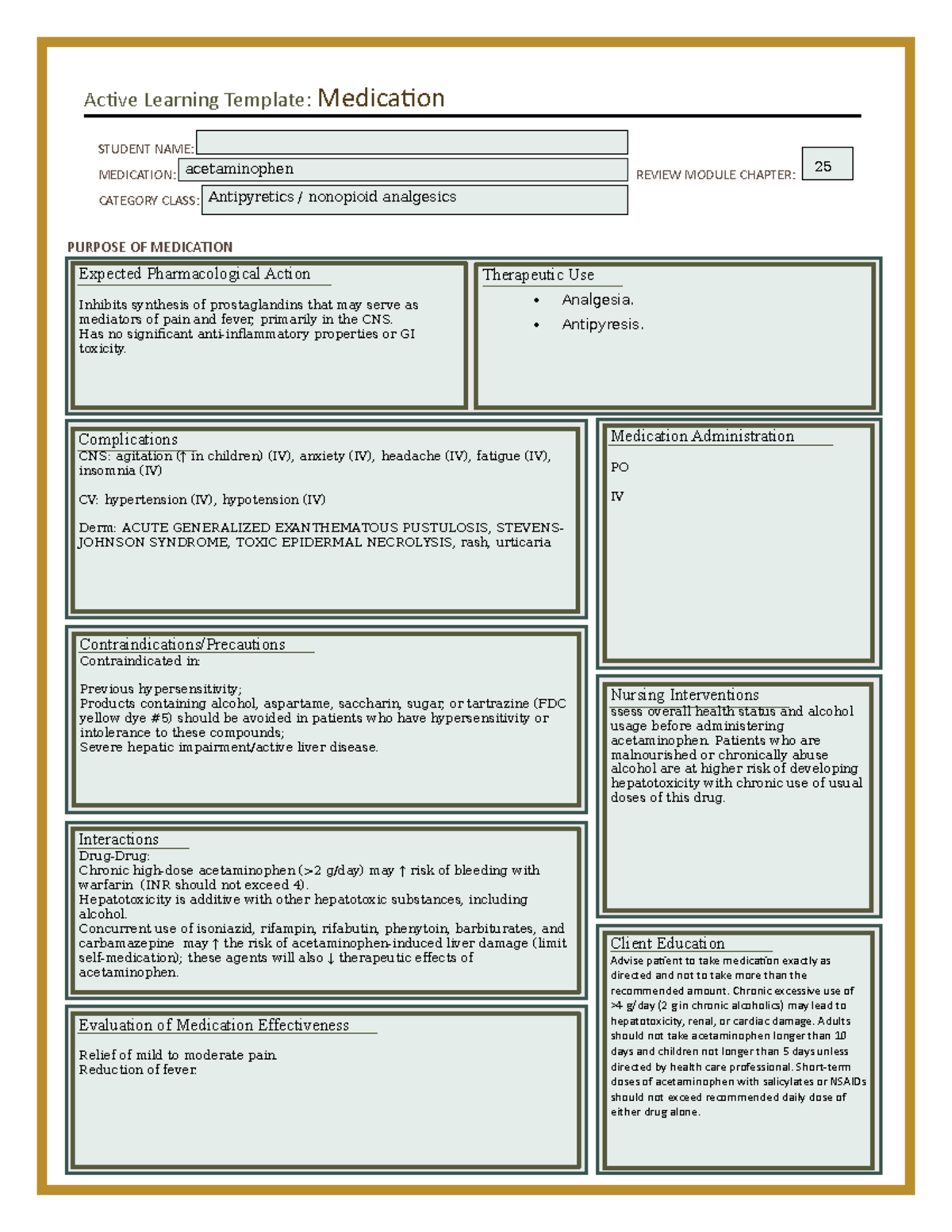 ATI Medication Template Acetaminophen Active Learning Template Medication STUDENT NAME Studocu