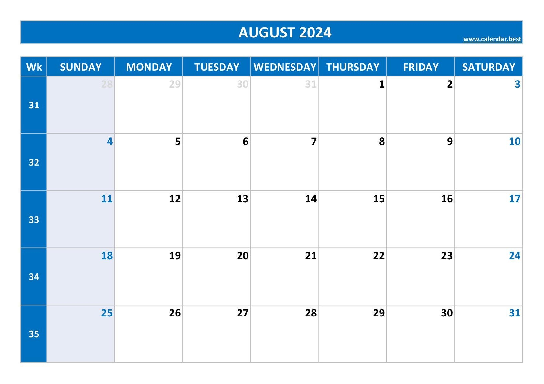 August 2024 Calendar Calendar best