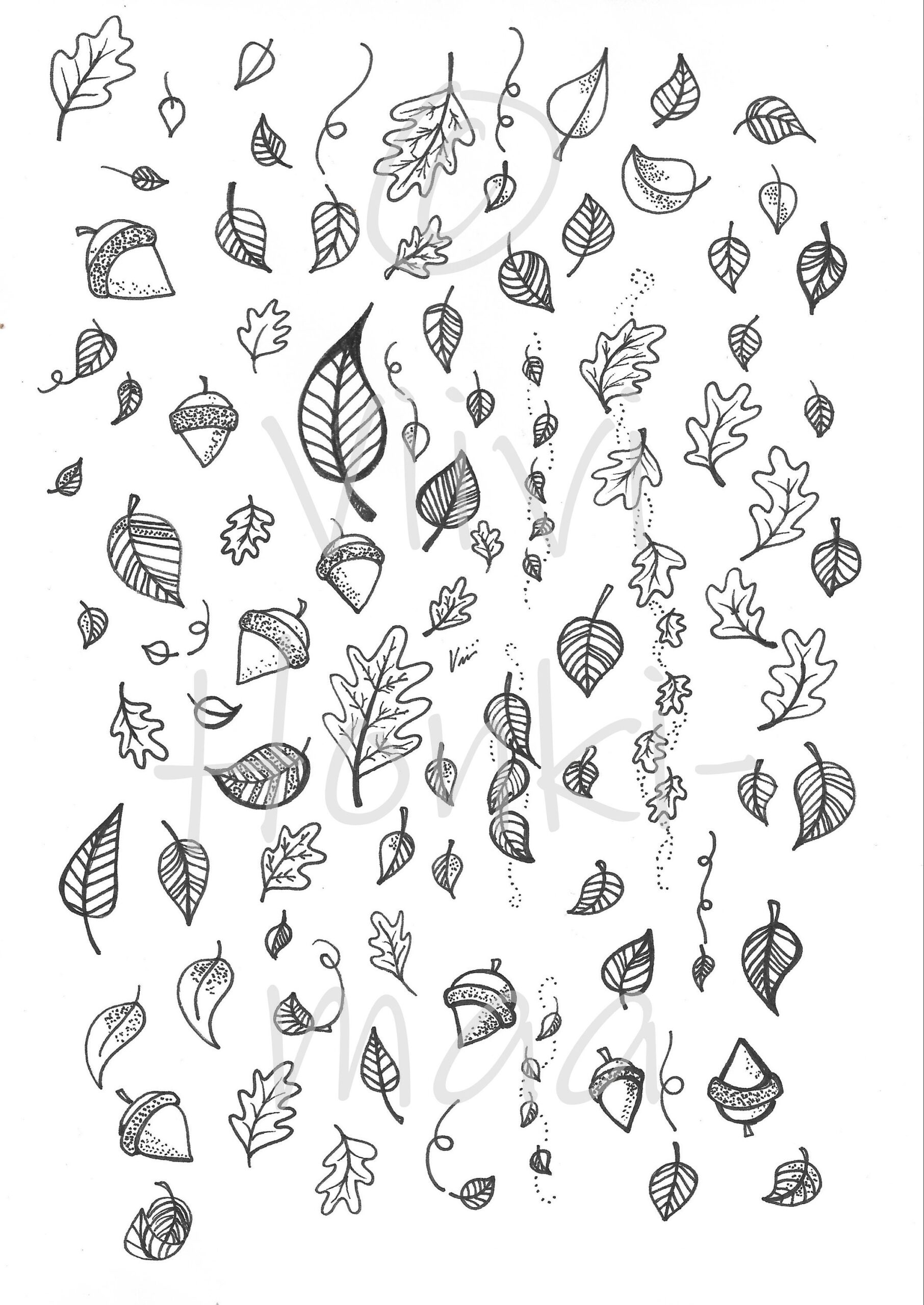 Autumn Leaves And Acorns Black And White Printable Stickers Etsy