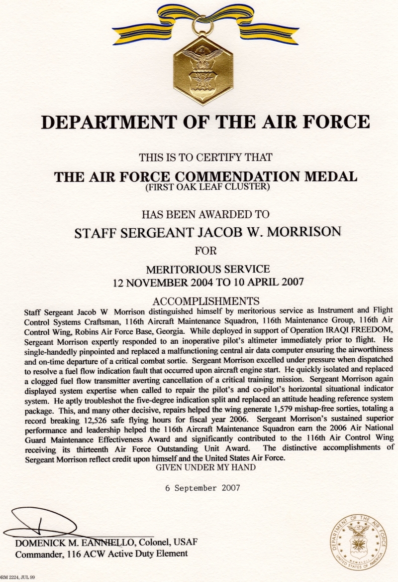 Awarded The Air Force Commendation Medal First Oak Leaf Cluster Jake Morrison