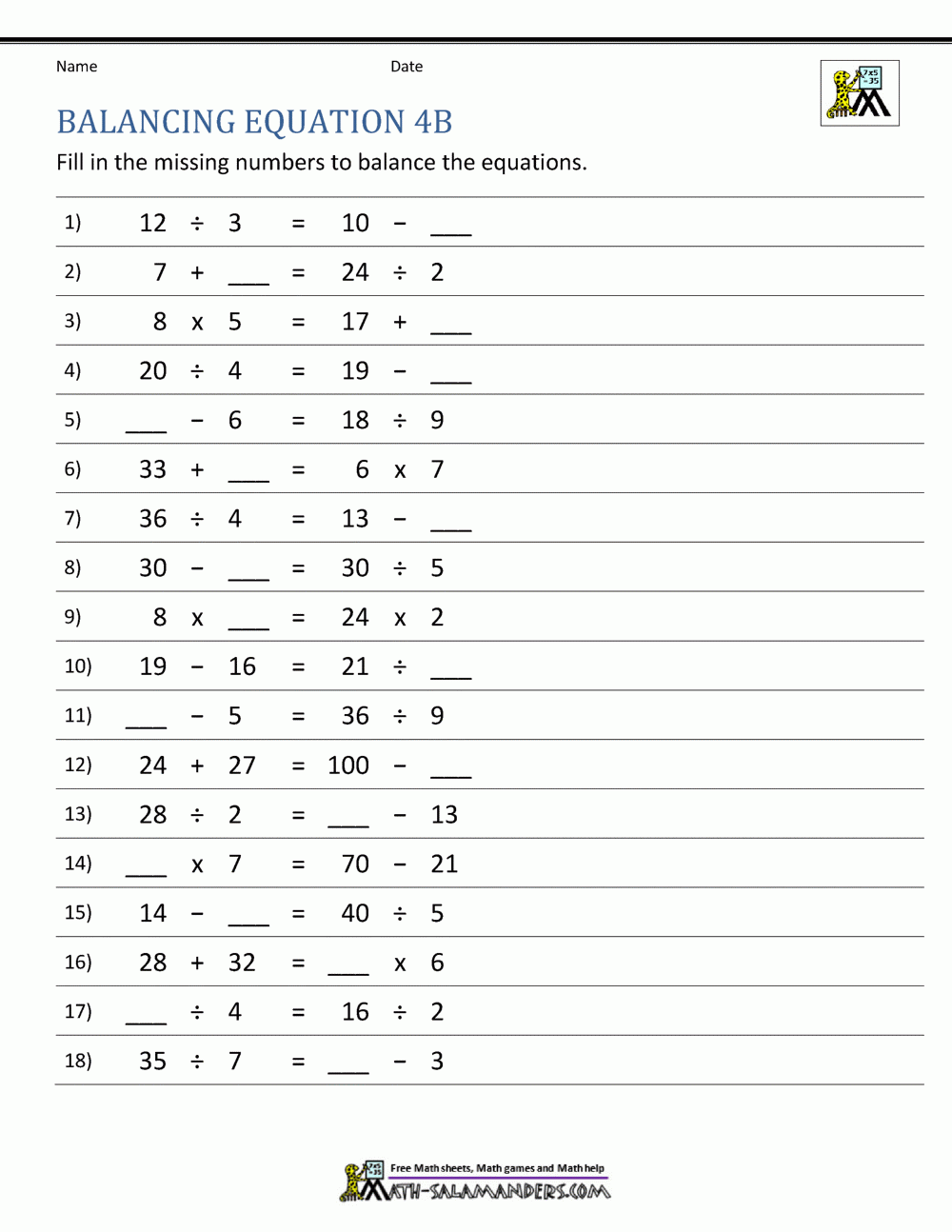 6th grade equations worksheets