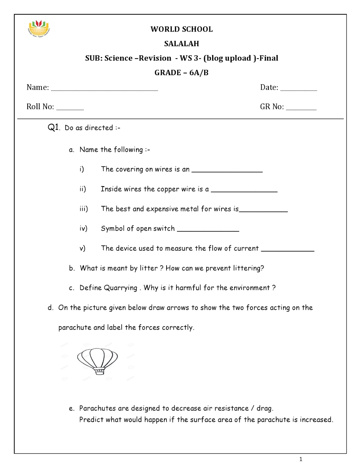 science worksheets for grade 6