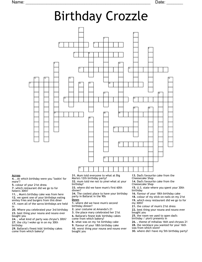 printable birthday crossword puzzles