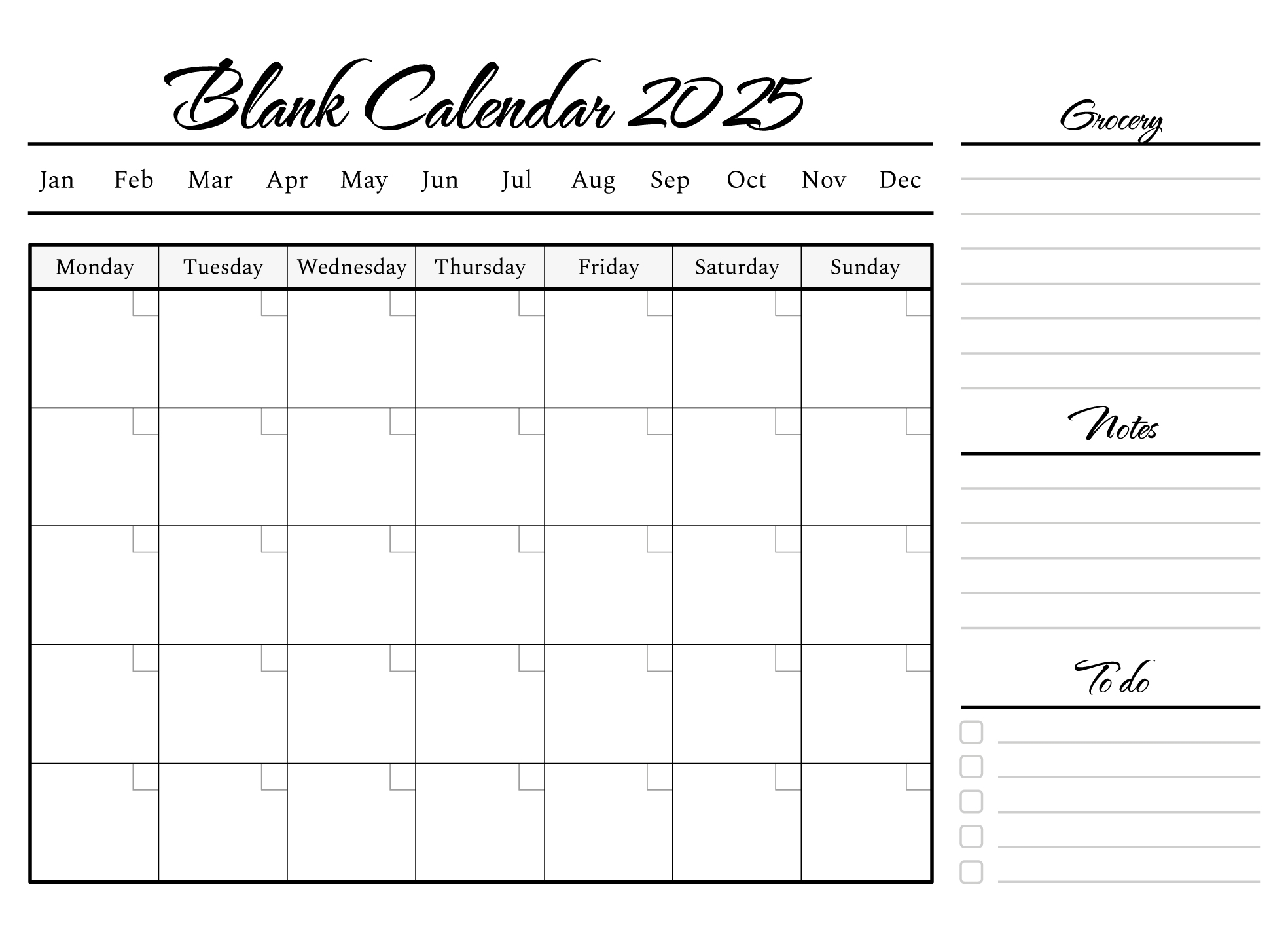 blank printable 2025 calendar by month