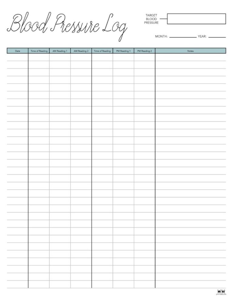Blood Pressure Logs 25 FREE Printables Printabulls