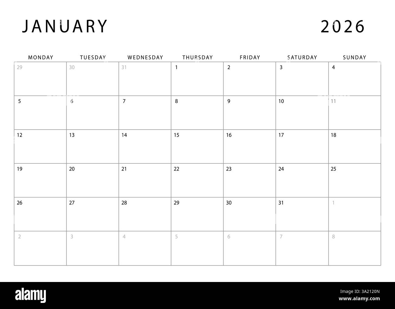 blank january 2026 calendar