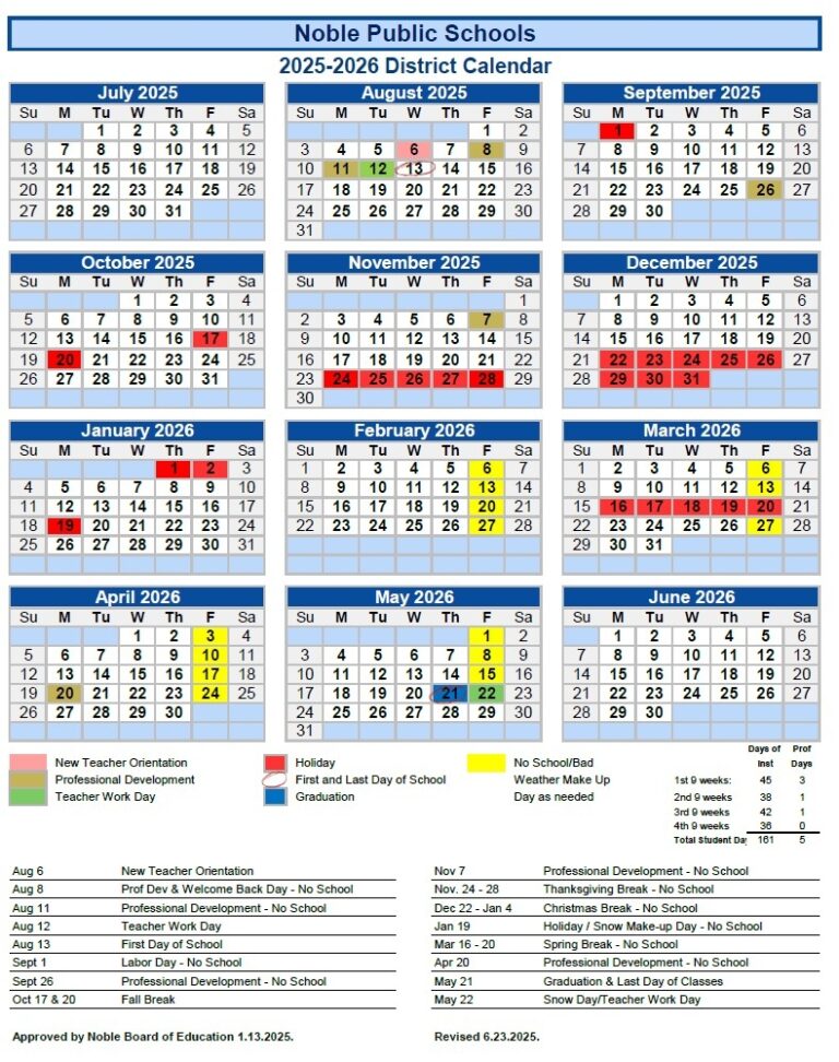 Calendar View Noble Public Schools