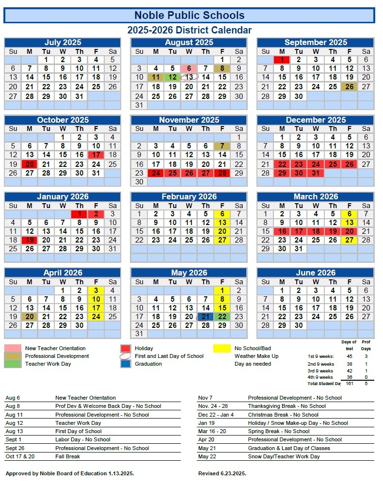 Calendar View Noble Public Schools