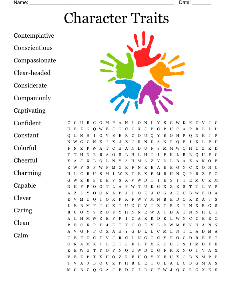 printable character traits crossword puzzle