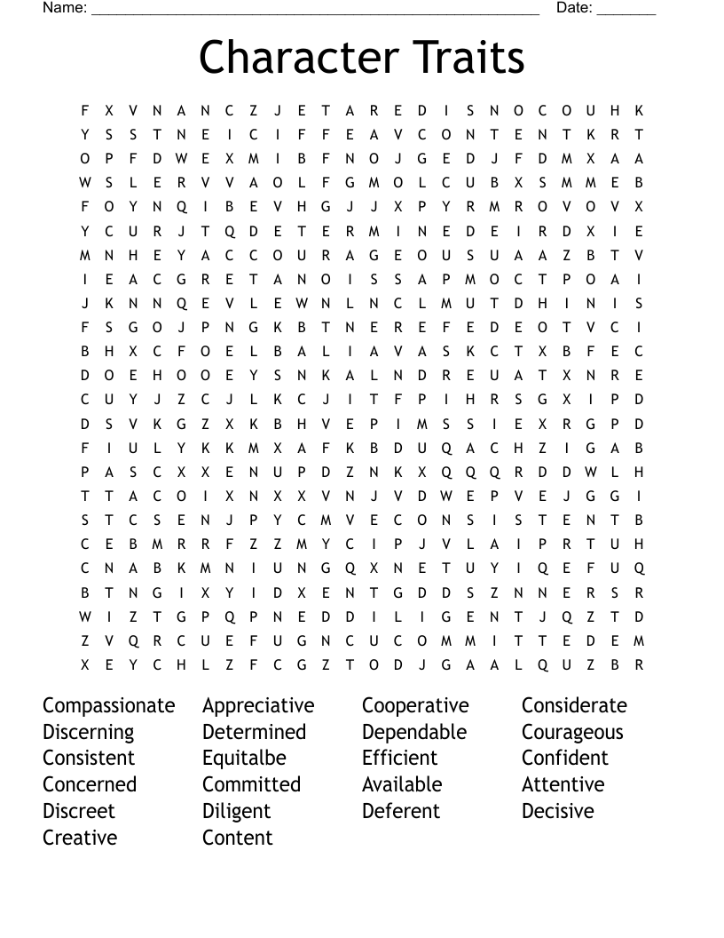 Character Traits Word Search WordMint