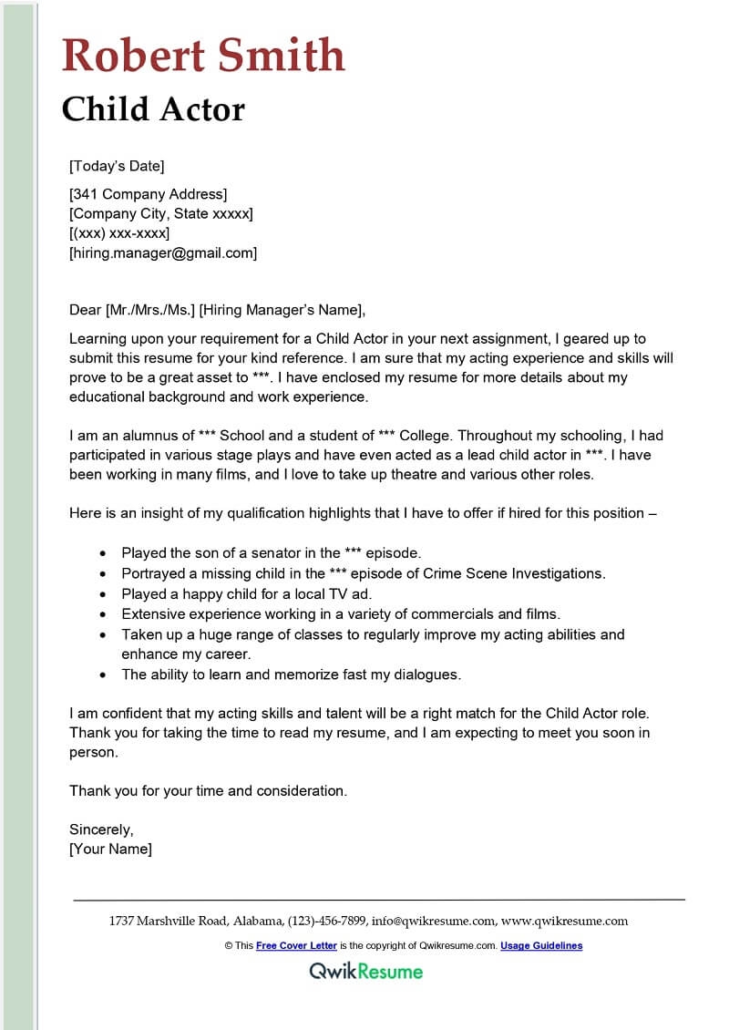 Child Actor Cover Letter Examples QwikResume