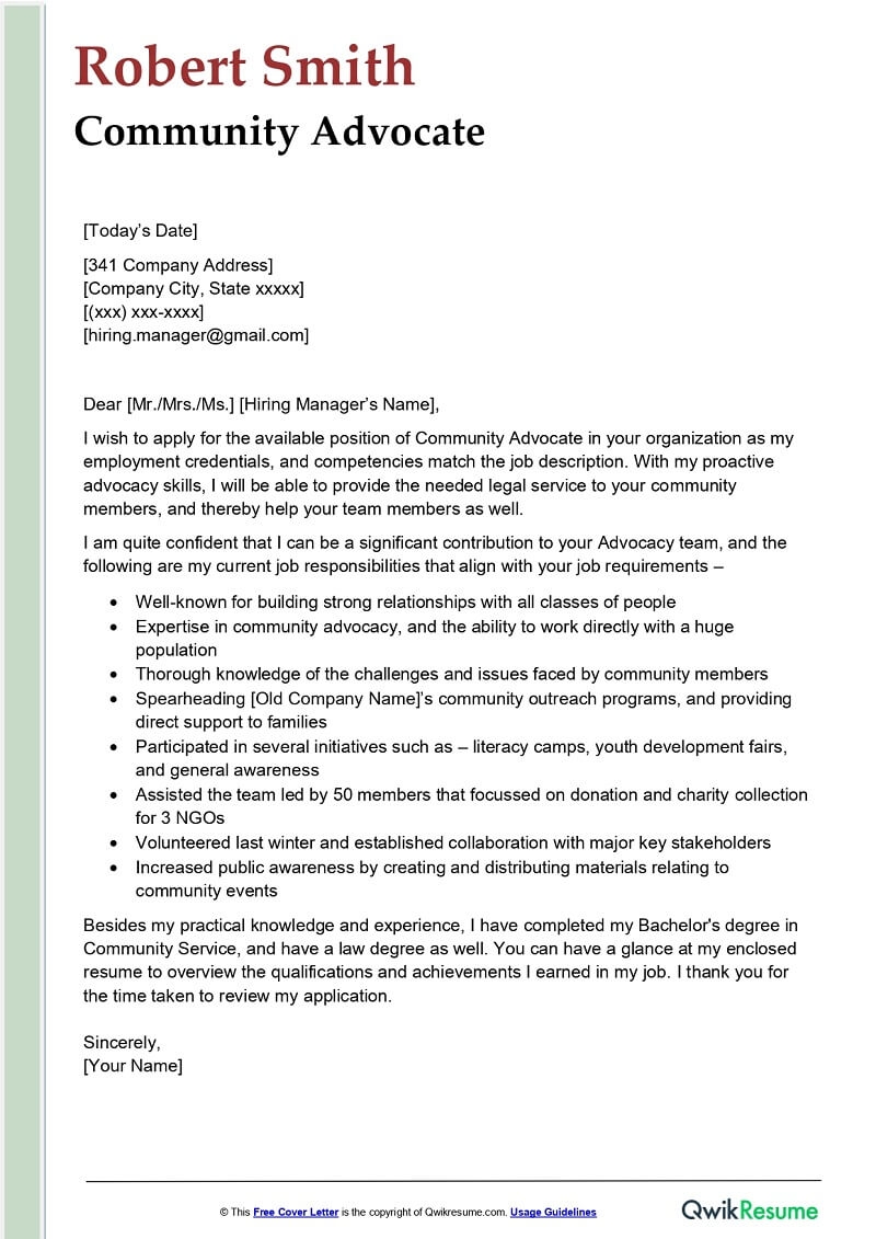 Community Advocate Cover Letter Examples QwikResume