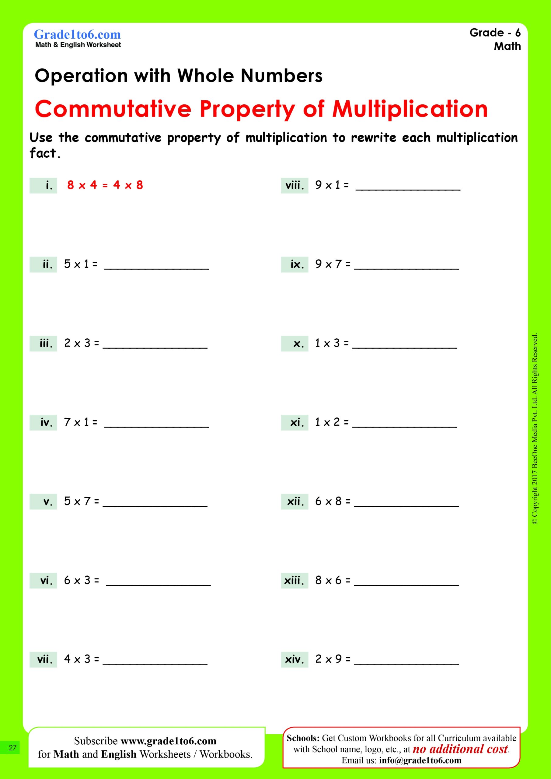 Commutative Property Of Multiplication Worksheets Grade 6