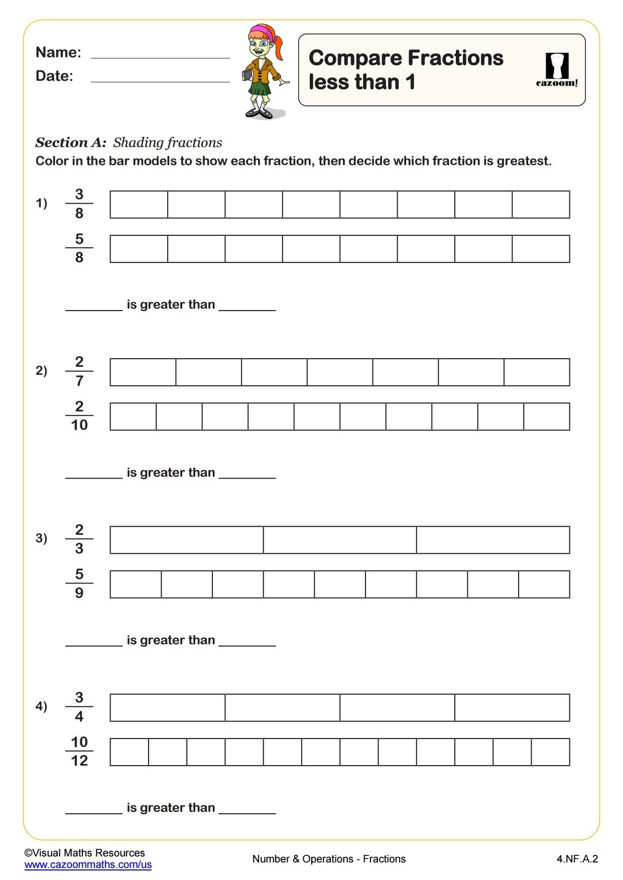 Compare Fractions Less Than 1 PDF Printable Number And Operations Worksheets