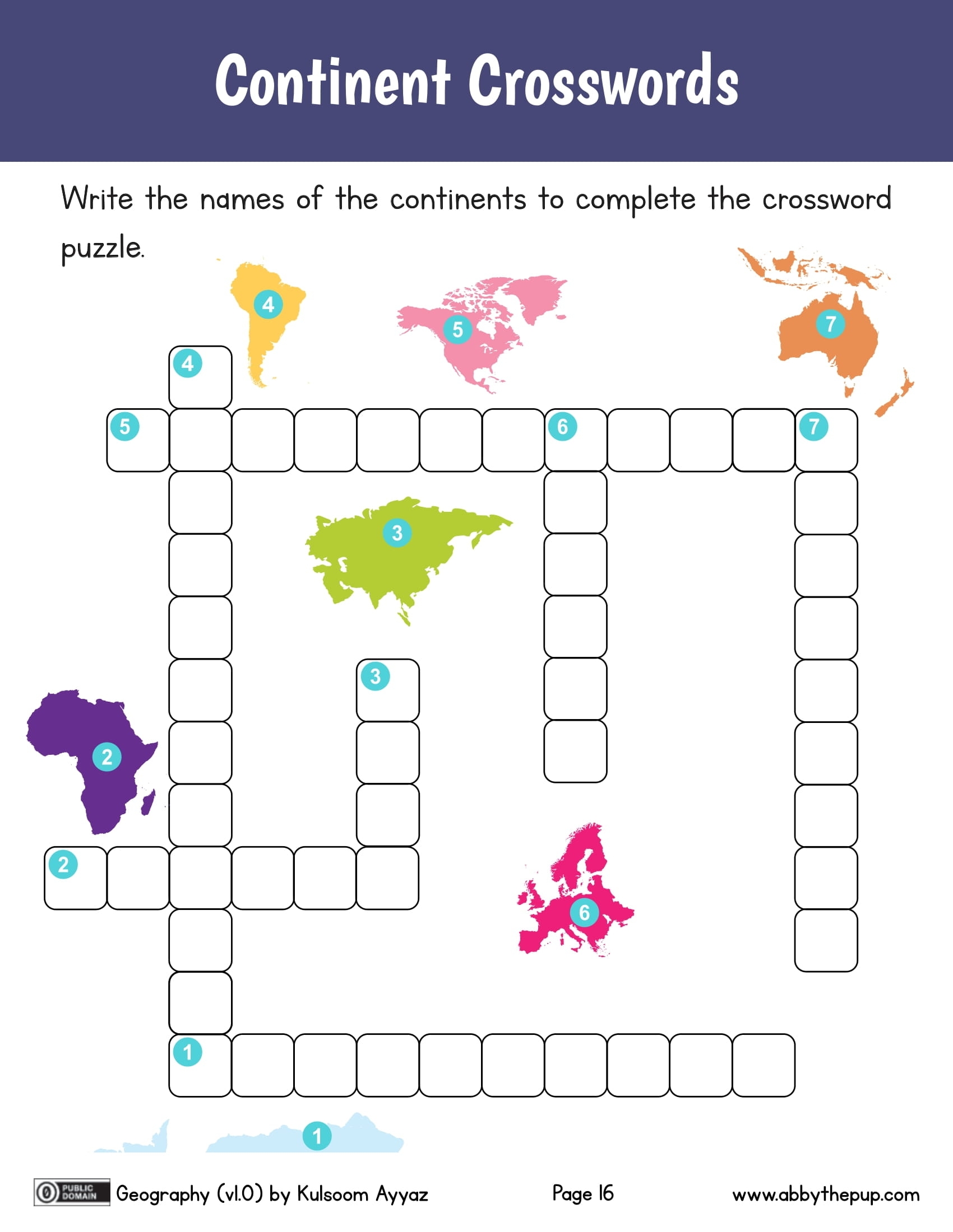Continents Crossword Free Printable Puzzle Games