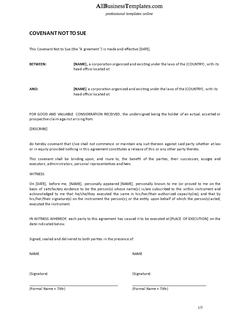 agreement not to sue template
